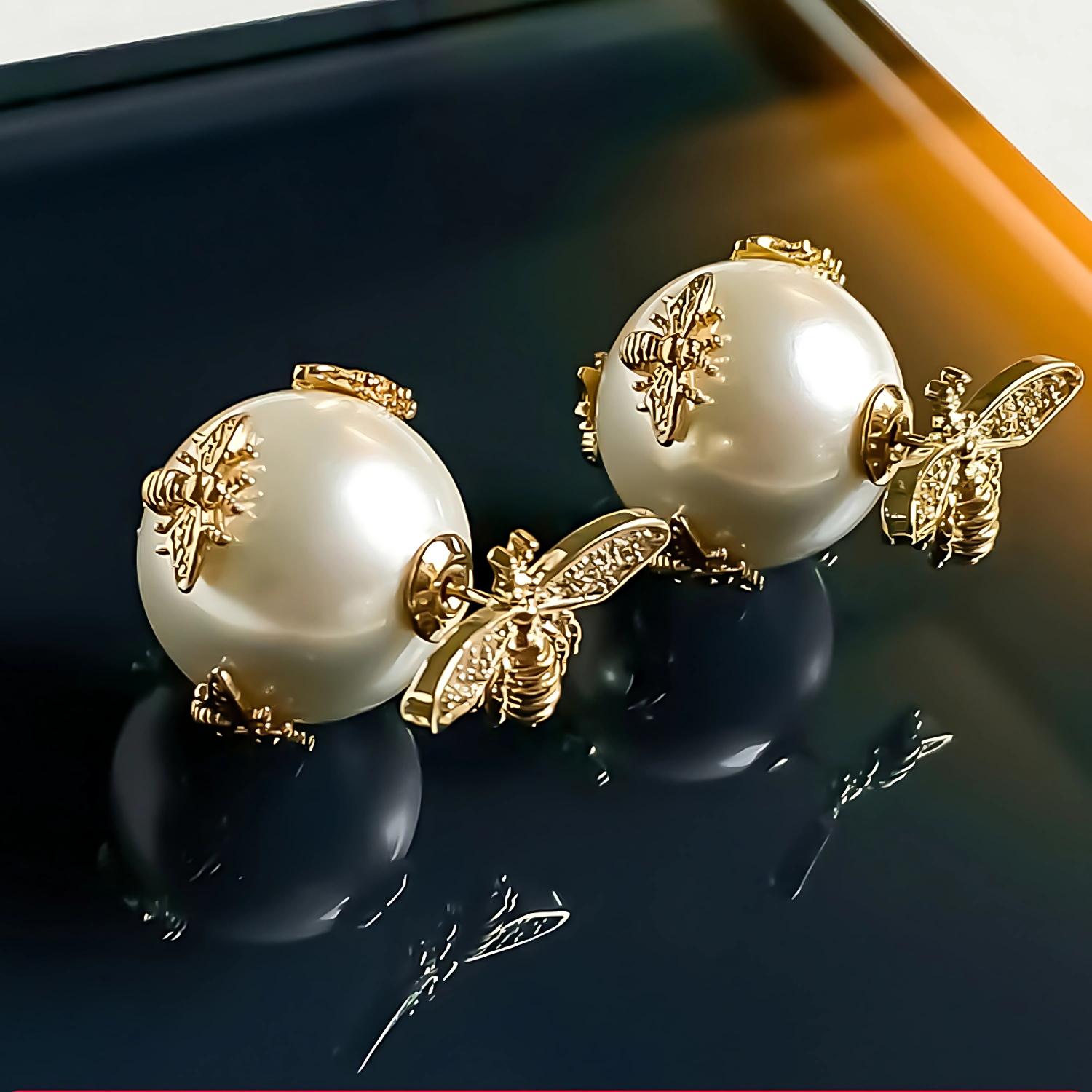 Golden Bee Pearl Earrings