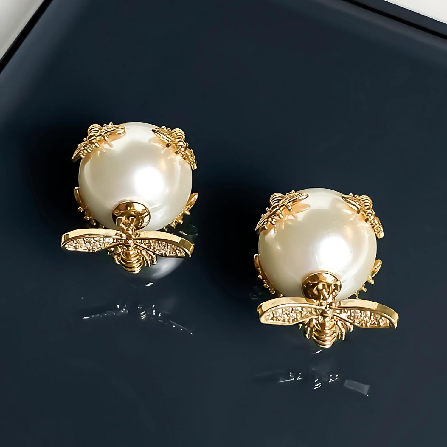 Golden Bee Pearl Earrings