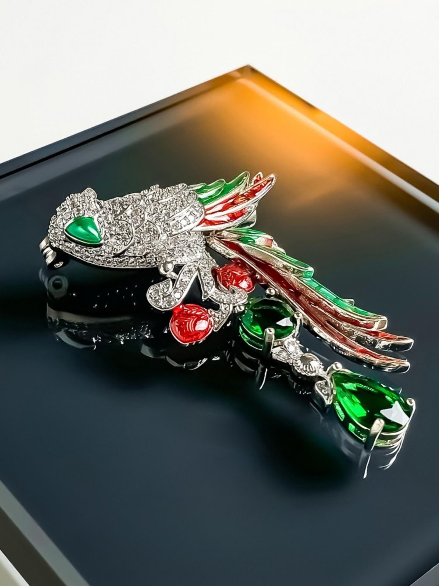 Emerald Plume Parrot Brooch