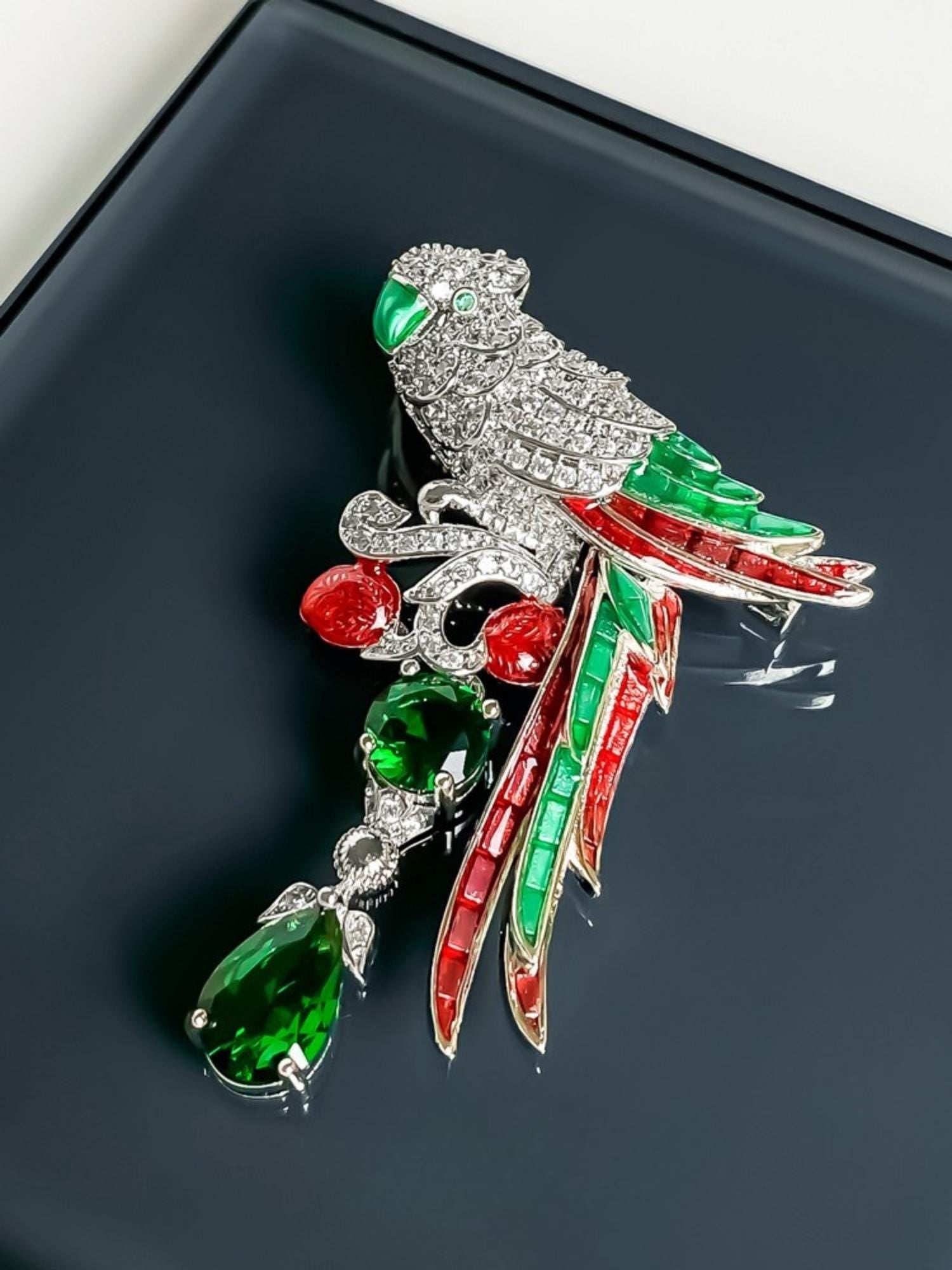 Emerald Plume Parrot Brooch